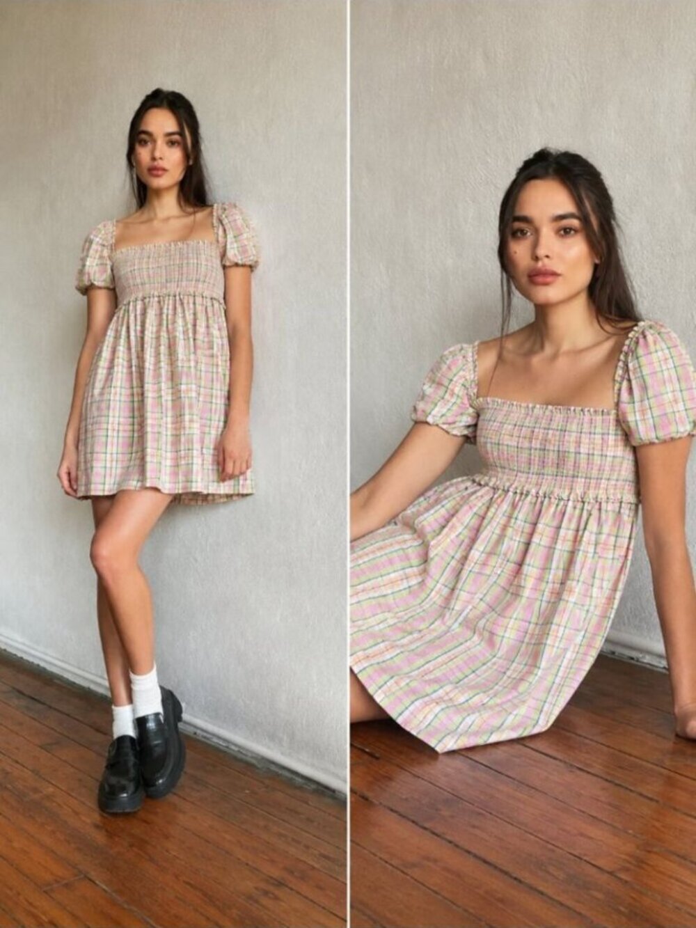 Aritzia Sunday Best Hadley Babydoll Poplin Mini Dress Pink Green Check Small